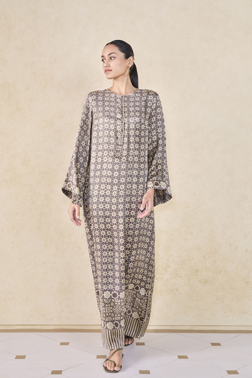 Sargassum Handcrafted Ajrakh Silk Kaftan - Grey, Grey, image 1
